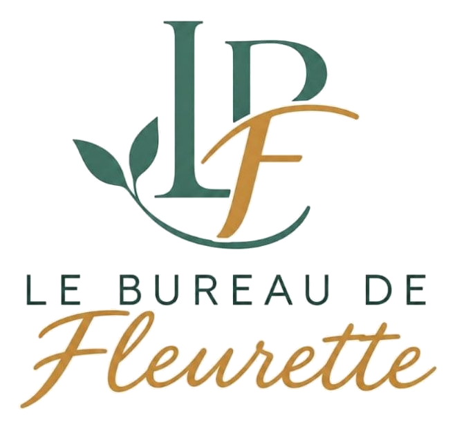 Logo du Bureau de Fleurette : monogramme vert sauge et or orné d’une branche de feuilles